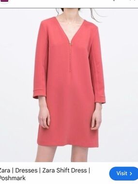 Zara Coral Zip-Front V-Neck Shift Mini Dress